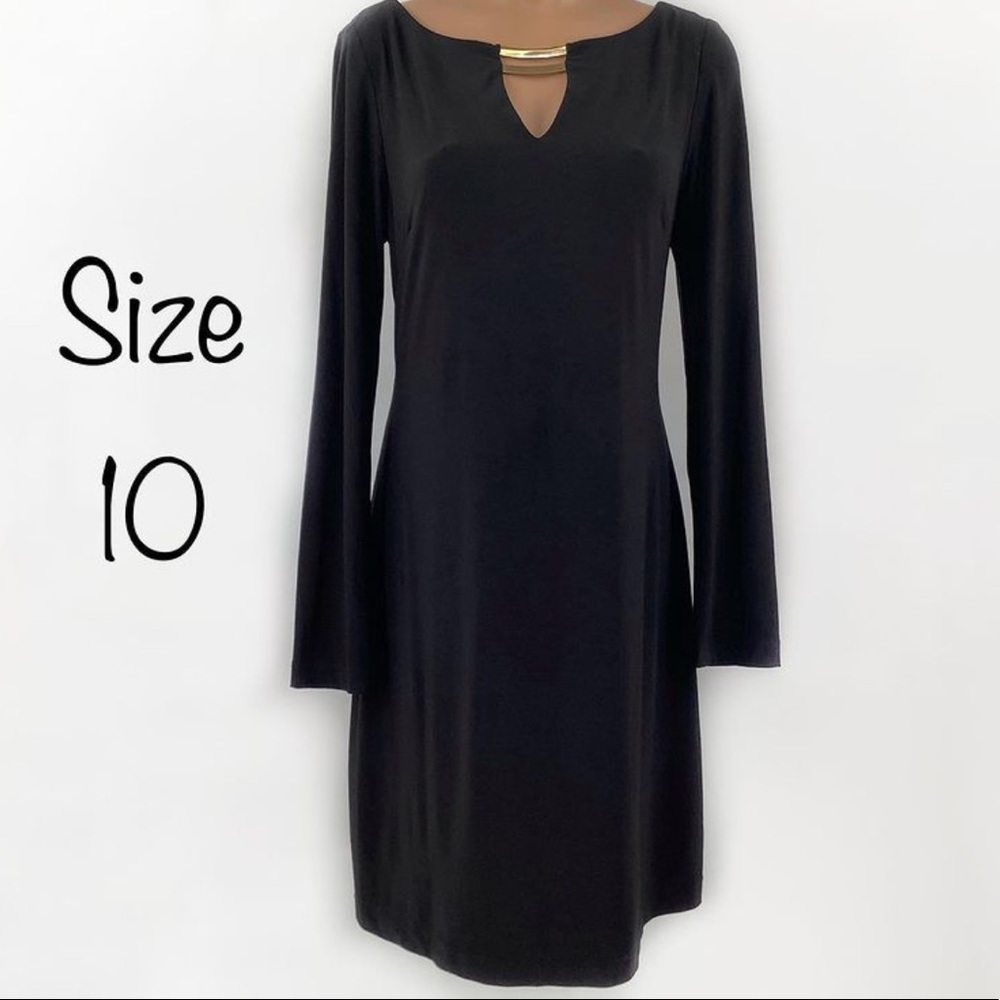 Vince Camuto Black Dress Gold Back Zipper Keyhole Gold Cutout at Neck Size 10